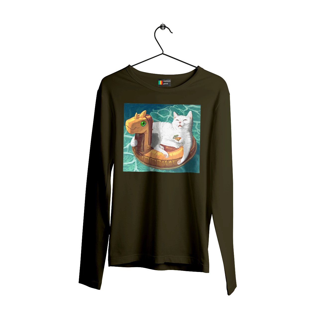 White cat in a swimming circle on vacation