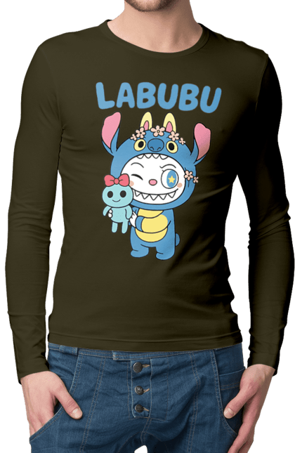 Чоловічий лонгслів з принтом "Лабубу". Іграшка лабубу, лабубу, лабубу кока кола, мерч лабубу, мила, синя лабаба, смішна лабубу. 2070702