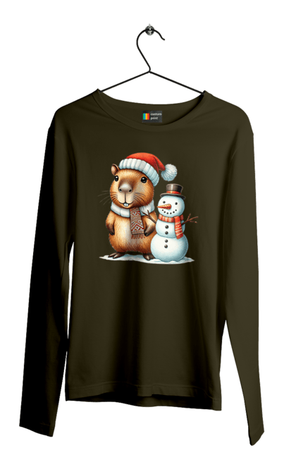 Men's longsleeve with prints Capybara and Snowman. Animal, capybara, christmas, christmas capybara, gift, holiday, new year, new year`s gift, santa, snowman. 2070702