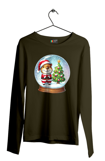 Men's longsleeve with prints Christmas Capybara with a Tree. Animal, capybara, christmas, christmas capybara, christmas tree, gift, holiday, new year, new year`s gift, santa. 2070702