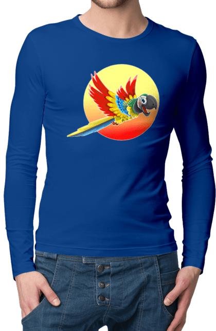 Men`s longsleeve with prints Parrot On The Sun. Bird, circle, color, disk, feathers, flies, flight, happy, heat, hot, in flight, macaw, multicolored, orange, parrot, recreation, red, summer, sun, sunny, tropics, vacation, warmly, wings, yellow. 2070702