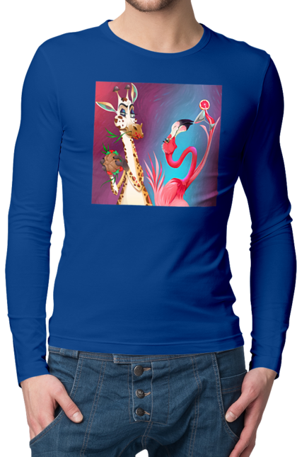 Men`s longsleeve with prints Giraffe And Flamingo At The Party. Cocktail, flamingo, food, giraffe. 2070702