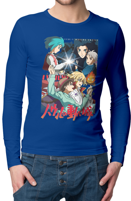 Men's longsleeve with prints Howl's Moving Castle. Calcifer, cartoon, ghibli, haul, howl`s moving castle, moving castle, novel, sophie. 2070702