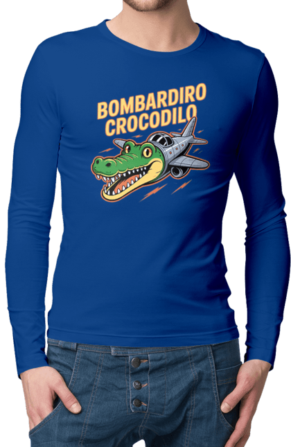 Чоловічий лонгслів з принтом "Bombardino Crocodilo". Bombardino, bombardino crocodilo, crocodilo, бомбардиро крокодило, бомбардіно крокоділо, крокодил, крокодил літак, крокодил мем, мем бомбардине крокодило, меми. 2070702