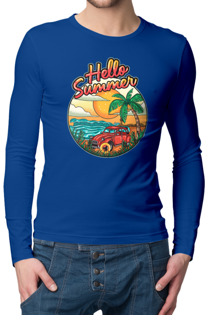Men`s longsleeve with prints Hello Summer, Car By The Sea. Beach, island, palm, summer. 2070702