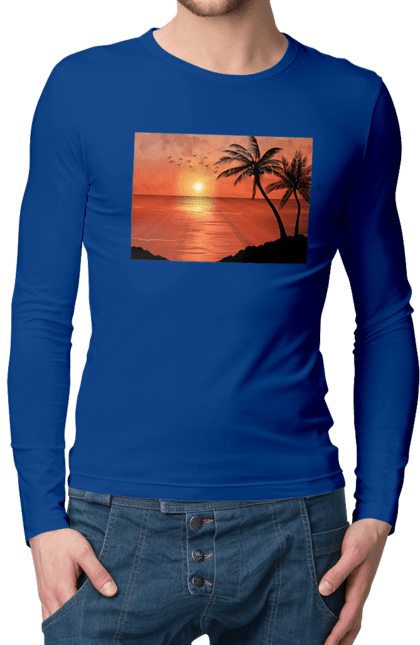 Мужской лонгслив с принтом Закат Пальмы Море. Берег, закат, море, пальмы. 2070702