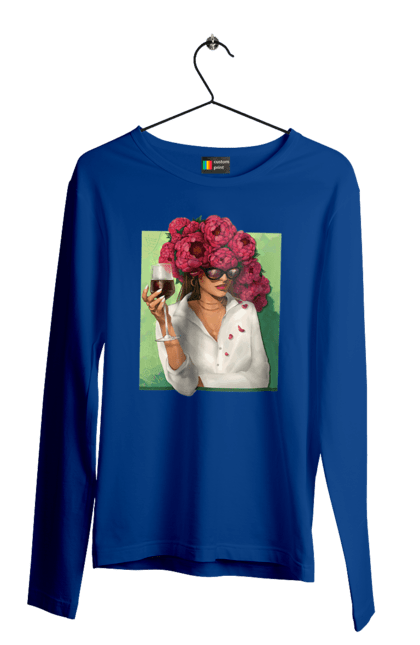 Чоловічий лонгслів з принтом "Дівчина з півоніями та келихом". Вино, дівчина, квітка, келих, літо, окуляри, півонії, сорочка. 2070702