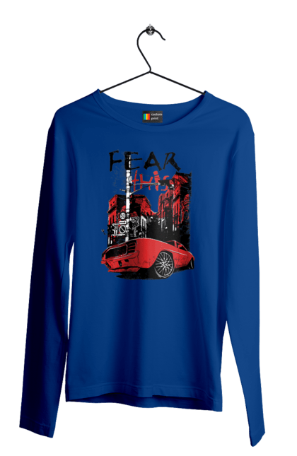 Мужской лонгслив с принтом Красная Машина В Городе. Город, езда, машина. 2070702