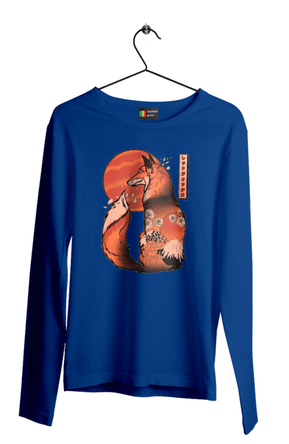 Men's longsleeve with prints Kitsune. Animal, cherry blossoms, flowers, fox, great wave, japan, japanese, kitsune, mount fuji, red fox. 2070702