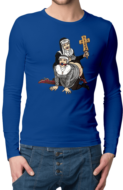 Чоловічий лонгслів з принтом "Монашки БДСМ". Бдсм, крута, модна, молодіжна, плескає по дупі, рок, рольові ігри, черниці бдсм, черницю, черниця. 2070702