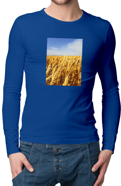 Men`s longsleeve with prints Ukraine. Beauty, blue, field, nature, sky, wheat. 2070702