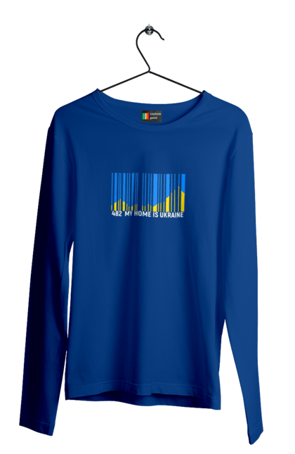Men`s longsleeve with prints My home is Ukraine. Bar code, blue sky, home, mountains, my country, my house, state mark, ukraine. 2070702