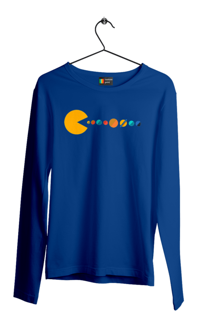 Чоловічий лонгслів з принтом "Pac Man Planets". Atari, namco, pac man, аркадна відеогра, відеогра, комп`ютерна гра, космос, лабіринт, планети, сонячна система. 2070702