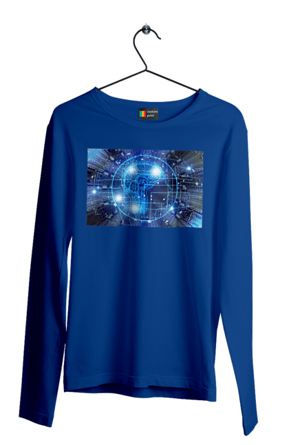 Чоловічий лонгслів з принтом "Штучний інтелект". Айті, айтішник, гік, знання, інженер, інтелект, кібер, кібернетика, кіборг, код, комп, комп`ютерник, кристал, машинне навчання, мікросхема, мозок, портрет, програміст, професіонал, професія, розробник, розум, хакер, чіп, штучний інтелект, штучний розум. 2070702