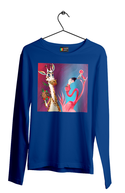 Men`s longsleeve with prints Giraffe And Flamingo At The Party. Cocktail, flamingo, food, giraffe. 2070702