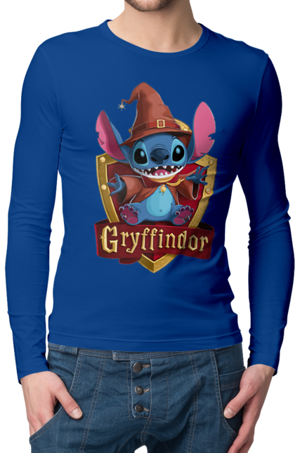 Мужской лонгслив с принтом Стич Гриффиндор. Gryffindor, harry potter, hogwarts, stich, гарри поттер, гриффиндор, стич, факультет, франшиза, хогвартс. 2070702