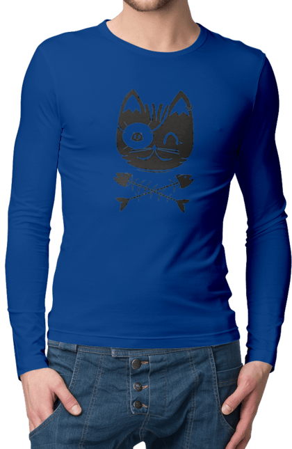 Men`s longsleeve with prints Pirate cat. Animals, bones, cat, cool drawing, cute pictures, fish, pirates, skull. 2070702
