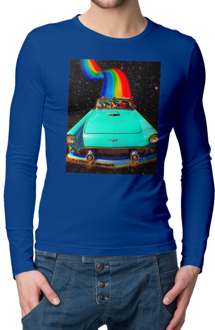 Мужской лонгслив с принтом Картина, машина в космосе. Картина, космос, машина, поездка, прикол, путешествия, радуга, ретро. 2070702