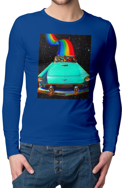 Мужской лонгслив с принтом Картина, машина в космосе. Картина, космос, машина, поездка, прикол, путешествия, радуга, ретро. 2070702