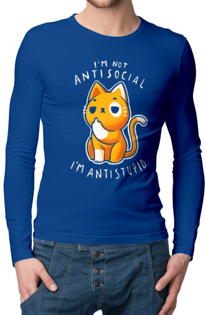 Мужской лонгслив с принтом Не антисоциален, а антиглупый. Антиглупый, антисоциал, ирония, кот, мем, прикол, сарказм, хейт, цинизм, юмор. 2070702