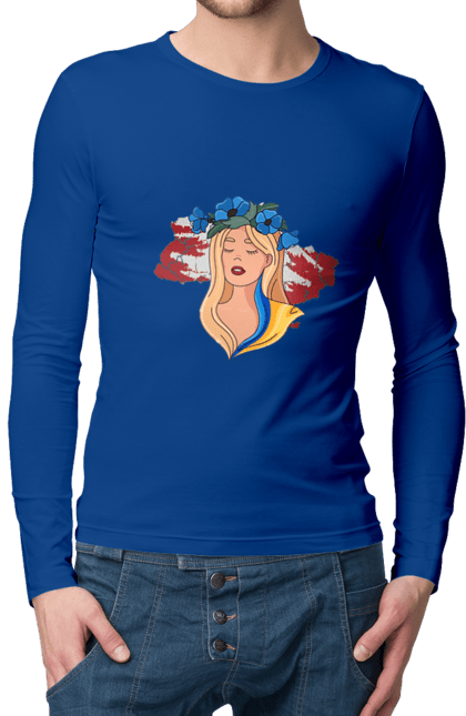 Чоловічий лонгслів з принтом "Дівчина на карті України". Дівчина, дівчина на карті, жовтий, карта україни, квіти, прапор, синій, україна, червоний. 2070702