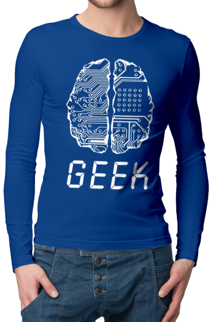 Men`s longsleeve with prints Geek Brain. Brain, chip, code, computer, crystal, cyber, cybernetics, cyborg, developer, engineer, geek, it, it specialist, knowledge, mind, printed circuit board, profession, professional, programmer. 2070702
