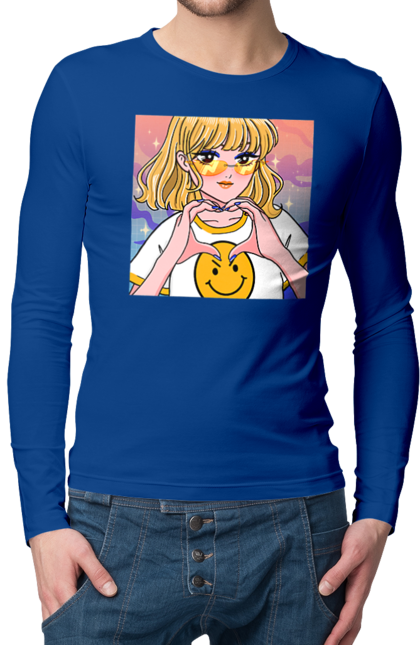 Men`s longsleeve with prints Yellow Girl. Anime, girl, smiley. 2070702
