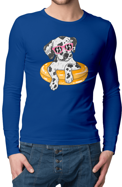 Чоловічий лонгслів з принтом "Далматинець Плаває У Колі". Далматинець, окуляри, плавати, собака. 2070702