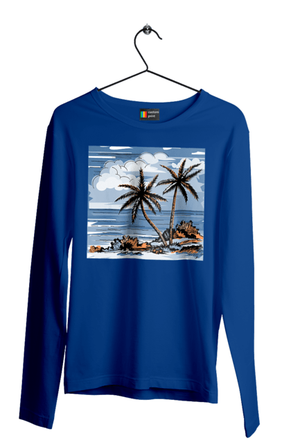 Чоловічий лонгслів з принтом "Пальми І Небо". Море, небо, пальми, хмари. 2070702