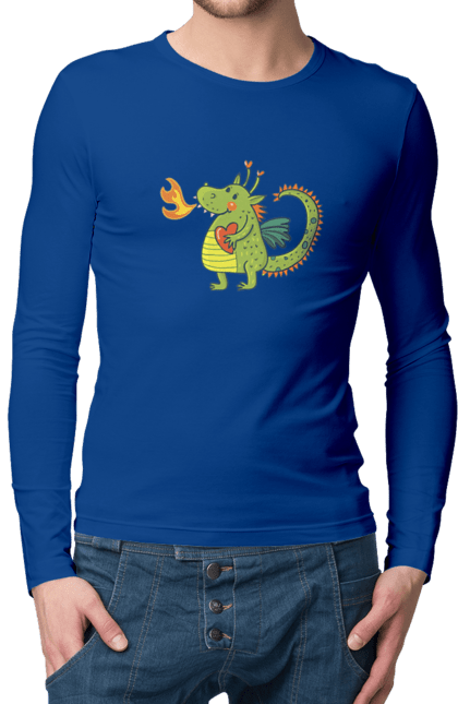 Men's longsleeve with prints Dragon in love. Dragon, fire, green dragon, heart, hearts, love, new year, symbol 2024. 2070702