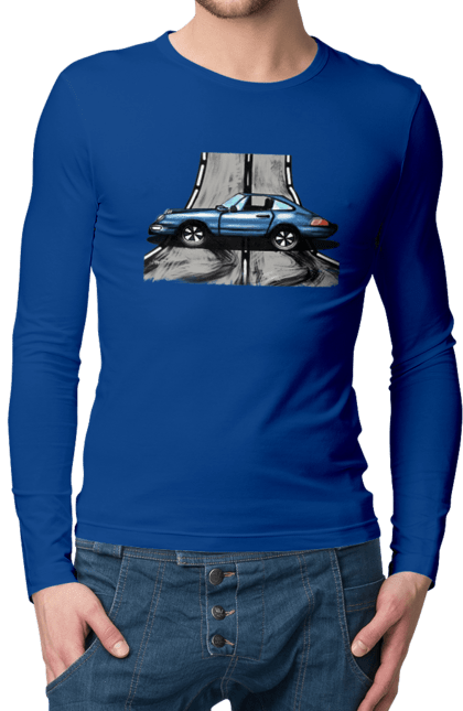 Men`s longsleeve with prints Sports Car On The Road. Blue, car, fast, race, sports. 2070702