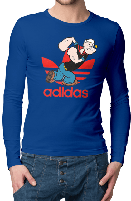 Мужской лонгслив с принтом Adidas Моряк Попай. Adidas, popeye the sailor, адидас, комикс, моряк, мультфильм, сериал, трубка. 2070702