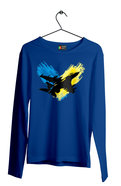 Чоловічий лонгслів з принтом "Літак F 16". З прапором, зсу, літак, літак f16, патріотична, прапор, ф16. 2070702