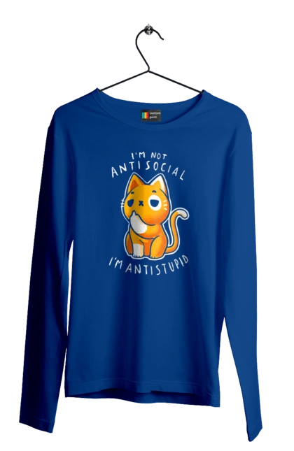 Мужской лонгслив с принтом Не антисоциален, а антиглупый. Антиглупый, антисоциал, ирония, кот, мем, прикол, сарказм, хейт, цинизм, юмор. 2070702