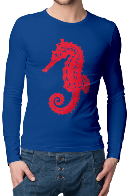 Чоловічий лонгслів з принтом "Морський коник". Відпочинок, квіти, літні канікули, літо, море, морський коник, морські жителі. 2070702