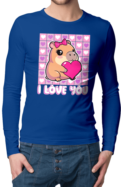 Men`s longsleeve with prints Capybara in love. Capybara, cute animals, hearts, i love you, love, romance, romantic gift, valentine, valentine`s day. 2070702