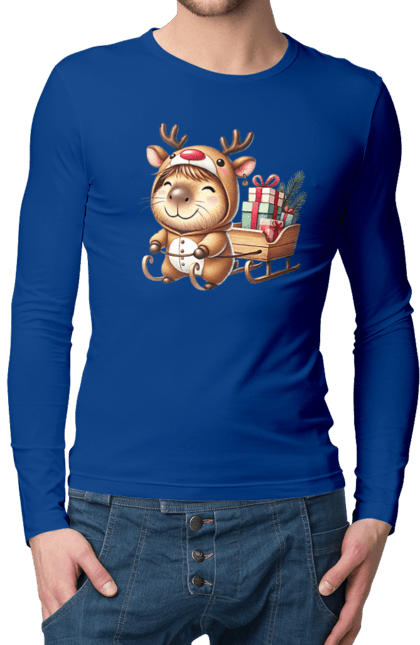 Men's longsleeve with prints Christmas Capybara with a Gift. Animal, capybara, christmas, christmas capybara, gift, holiday, new year, new year`s gift, santa. 2070702