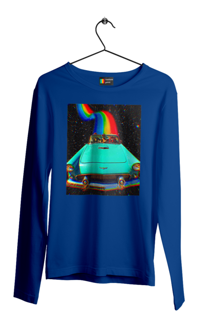 Мужской лонгслив с принтом Картина, машина в космосе. Картина, космос, машина, поездка, прикол, путешествия, радуга, ретро. 2070702