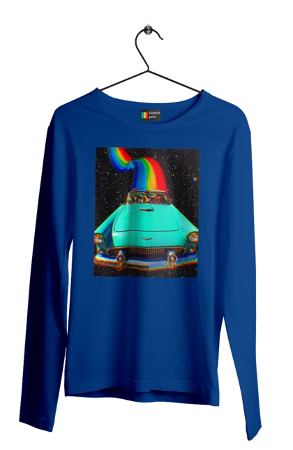 Мужской лонгслив с принтом Картина, машина в космосе. Картина, космос, машина, поездка, прикол, путешествия, радуга, ретро. 2070702