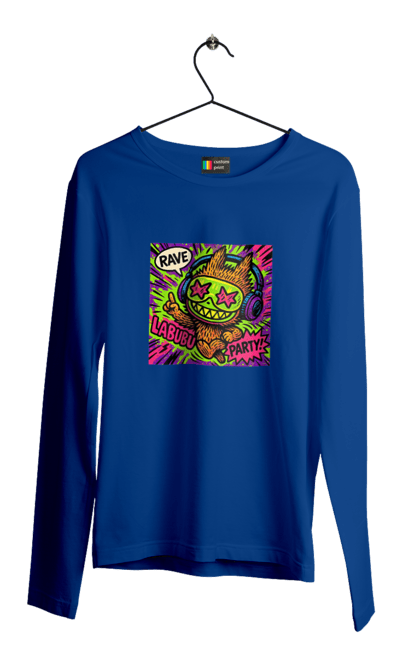 Чоловічий лонгслів з принтом "Лабубу". Вечірка, вуличне мистецтво, графіті, зоряніочі, коміксстиль, лабубу, навушники, неон, попарт, рейв. 2070702