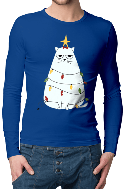 Чоловічій лонгслів з принтом "Кіт у гірлянді із зіркою". Зведу, зима, кіт, новий рік, різдво, сніг, ялинка. futbolka.stylus.ua