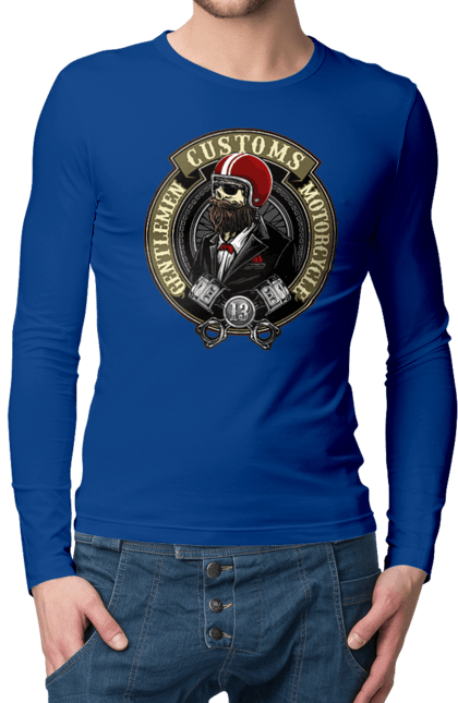 Чоловічий лонгслів з принтом "джентльменський мотоцикл". Джентельмен, джентльмен, мотоцикл, череп, шолом. 2070702