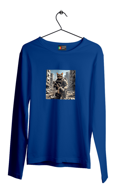 Men`s longsleeve with prints Paratrooper cat. Bulletproof vest, camouflage, cat, gun, hacker, military, rifle, war. 2070702