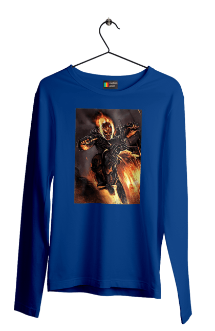 Чоловічий лонгслів з принтом "Пекельний Гонщик". Вогонь, мотоцикл, пекельний гонщик, скелет, чоппер. 2070702