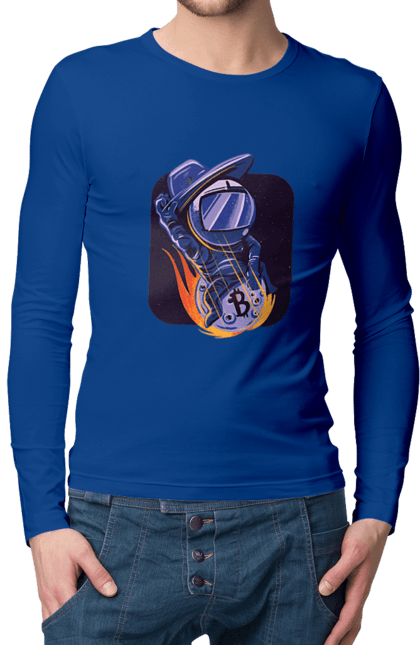 Чоловічий лонгслів з принтом "Космо біткоїн". Биткоин, бінарний, біткоїн, біткойн, валюта, гроші, крипто, програміст, хакер. 2070702