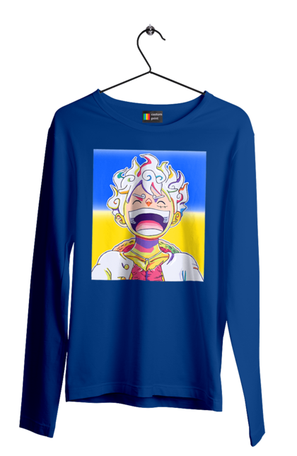 Men`s longsleeve with prints Monkey D Luffy laughing on a yellow blue background. Flag of ukraine, luffy, monkey d luffy, one piece, symbol of ukraine, ukraine. 2070702