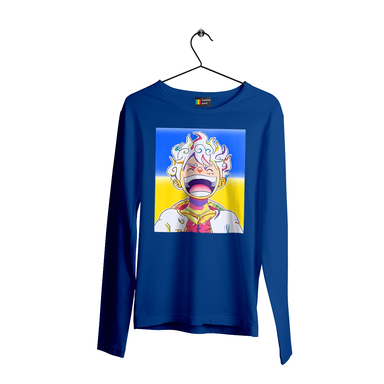 Монки д Луффи смеется на желтом синем фоне.