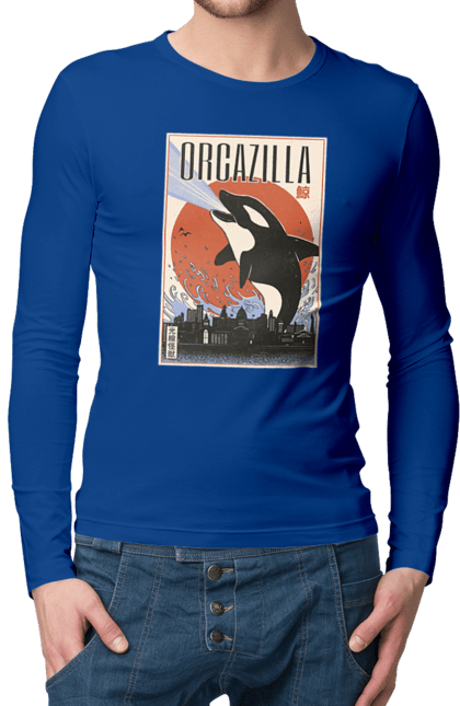 Чоловічій лонгслів з принтом "Косатказілла". Japan print, japanese, japanese art, japanese poster, japanese poster orca, ocean wildlife, orca, orcazilla, косатка, косатказілла. 2070702