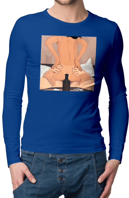 Men`s longsleeve with prints Naked Girl, Bottle And Cigarettes. From above, naked. 2070702