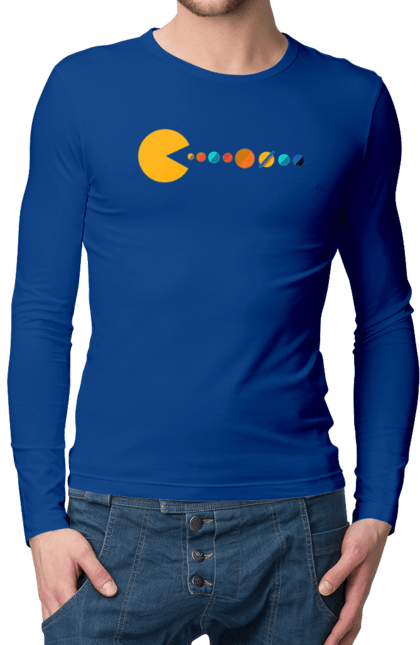 Чоловічий лонгслів з принтом "Pac Man Planets". Atari, namco, pac man, аркадна відеогра, відеогра, комп`ютерна гра, космос, лабіринт, планети, сонячна система. 2070702